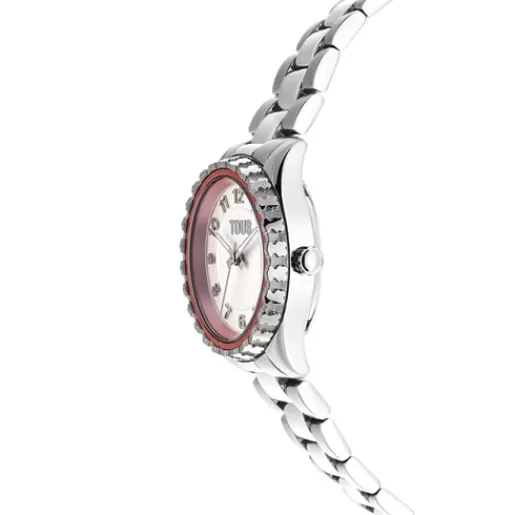 Cheap Analogue watch with steel wristband and pink aluminum inner bezel Mini T-Bear For Her | Analog Watches