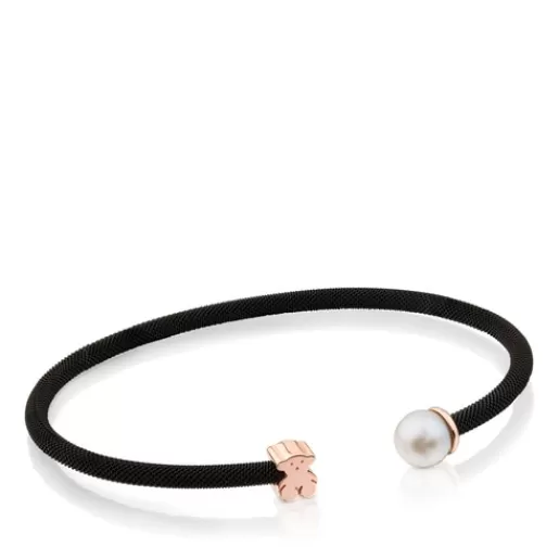 Best Black IP Steel and Rose Vermeil Silver Icon Mesh Bracelet with 6,5mm Pearl Silver Bracelets | Pearl Bracelets