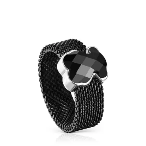 Best Sale Black IP Steel Mesh Color Ring with Onyx Bear motif Silver Rings