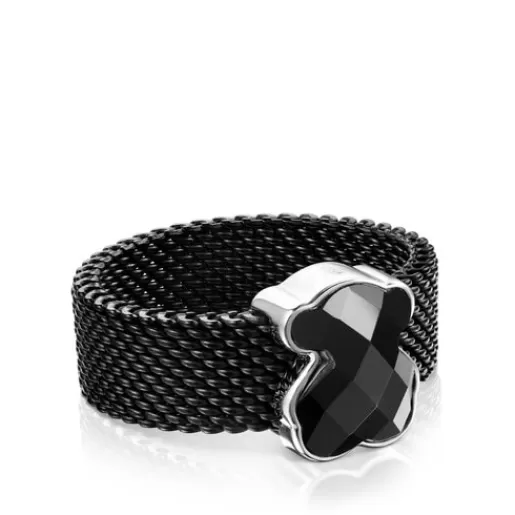 Best Sale Black IP Steel Mesh Color Ring with Onyx Bear motif Silver Rings