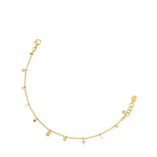 Hot Chain Bracelet with 18kt gold plating over silver and cultured pearls and gemstones Grain Silver Bracelets | Pearl Bracelets
