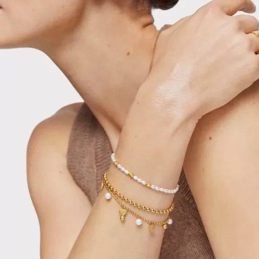 Store Chain Bracelet with 18kt gold plating over silver and cultured pearls and motifs Grain Silver Bracelets | Pearl Bracelets
