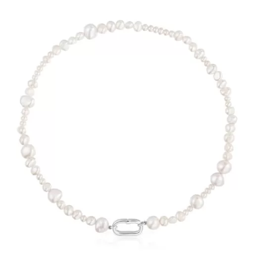 Cheap Choker with cultured pearls and silver ring Hold Oval Silver Necklaces | Chokers