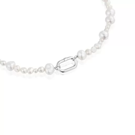 Cheap Choker with cultured pearls and silver ring Hold Oval Silver Necklaces | Chokers