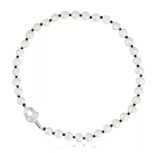 Cheap 44 cm black nylon Necklace with cultured pearls MANIFESTO Silver Necklaces