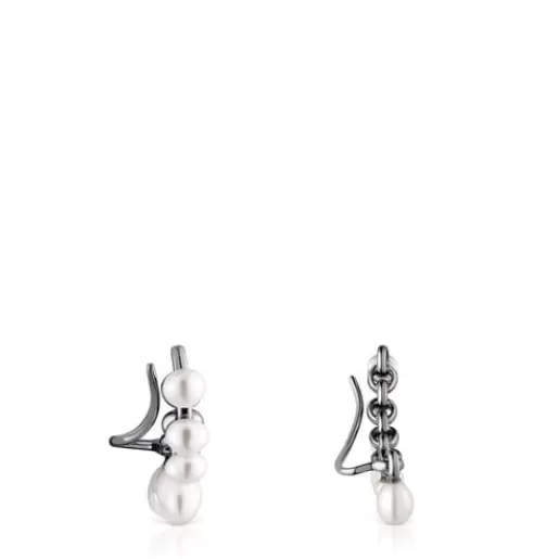 Cheap Dark silver Virtual Garden Bar earrings with cultured pearls Silver Earrings