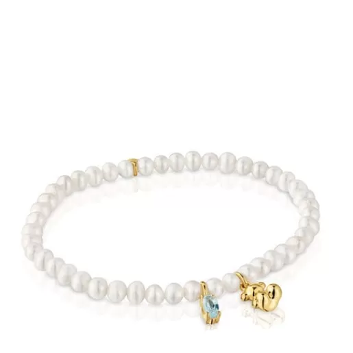 Best Sale Elastic Bracelet with gold plating over silver, cultured pearl and topaz Bold Bear Silver Bracelets | Pearl Bracelets