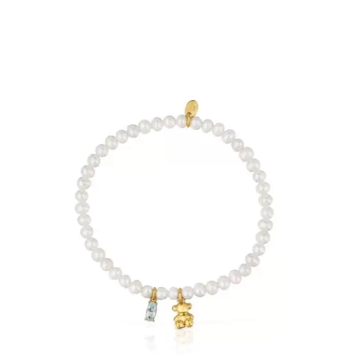 Best Sale Elastic Bracelet with gold plating over silver, cultured pearl and topaz Bold Bear Silver Bracelets | Pearl Bracelets