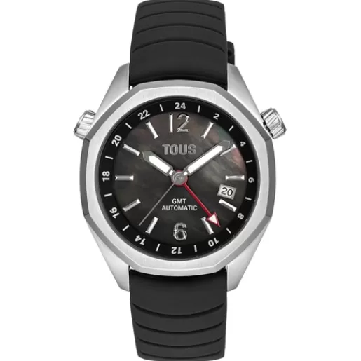 Hot gmt automatic Watch with black silicone strap, steel case and mother-of-pearl face Now. For Her | For Man