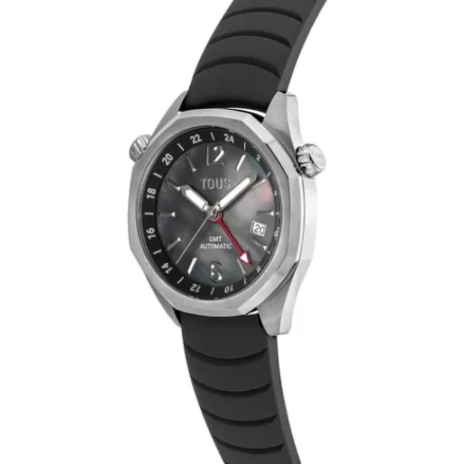 Hot gmt automatic Watch with black silicone strap, steel case and mother-of-pearl face Now. For Her | For Man