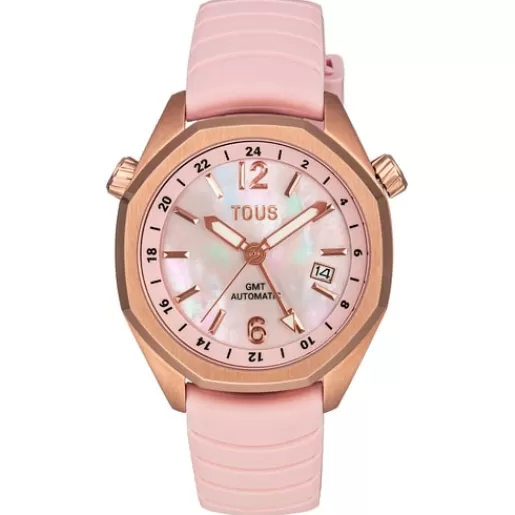 Hot gmt automatic Watch with pink silicone strap, rose-colored IPRG steel case and mother-of-pearl face Now For Her