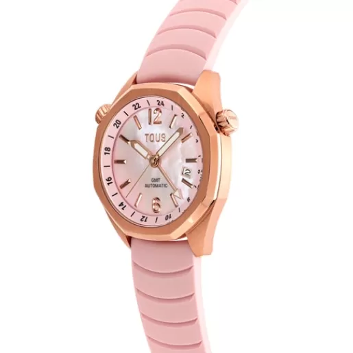 Hot gmt automatic Watch with pink silicone strap, rose-colored IPRG steel case and mother-of-pearl face Now For Her