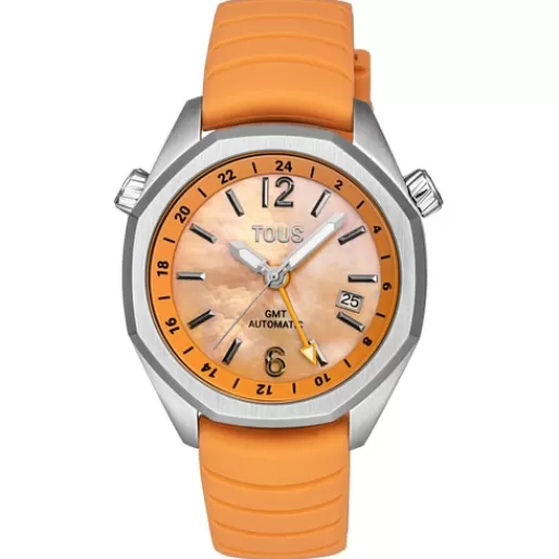 Best gmt automatic Watch with salmon-colored silicone strap, steel case and mother-of-pearl face Now For Her | For Man