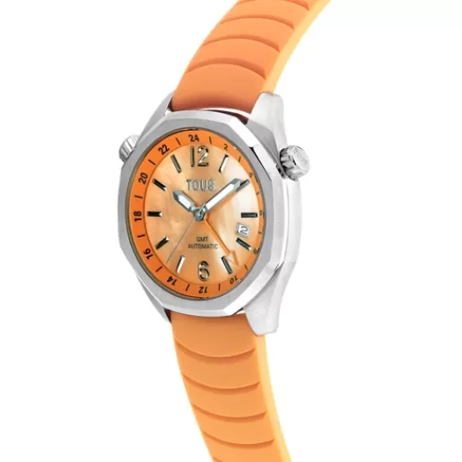 Best gmt automatic Watch with salmon-colored silicone strap, steel case and mother-of-pearl face Now For Her | For Man