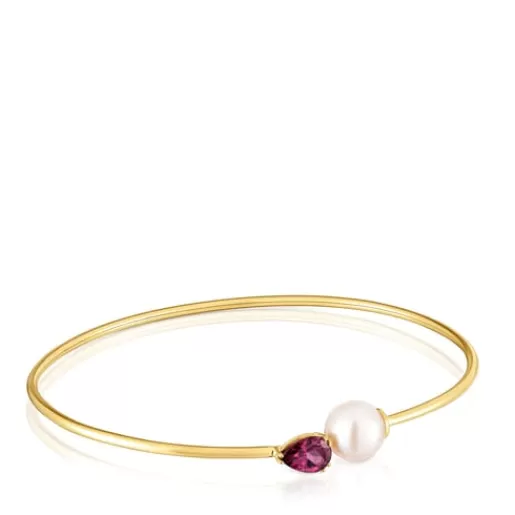 Hot Gold Bangle with rhodolite and cultured pearl Ivette Gold Bracelets | Bangle Bracelets