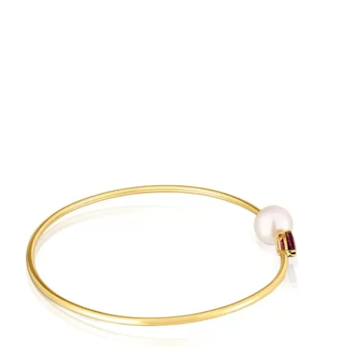 Hot Gold Bangle with rhodolite and cultured pearl Ivette Gold Bracelets | Bangle Bracelets