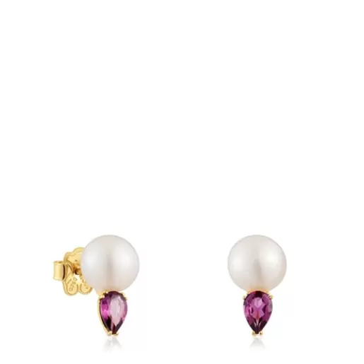 Outlet Earrings with rhodolites and cultured pearl Ivette Gold Earrings | Small Earrings