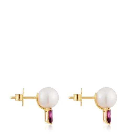 Outlet Earrings with rhodolites and cultured pearl Ivette Gold Earrings | Small Earrings