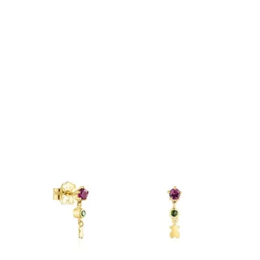 New Gold Cool Joy Earrings with rhodolite, chrome diopside and bear motif Gold Earrings | Small Earrings