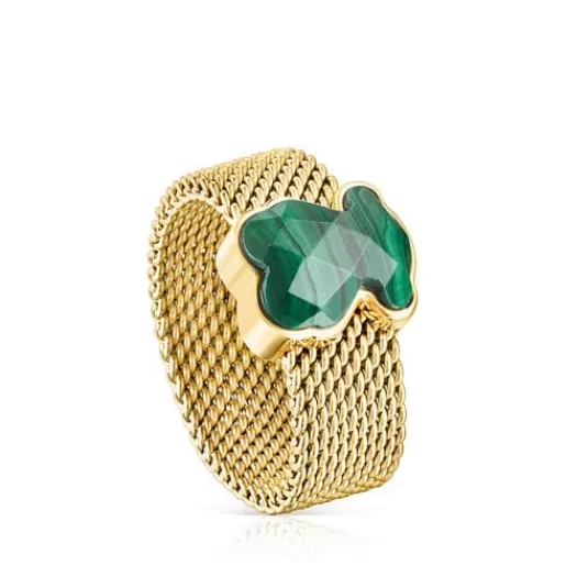 Cheap Gold-colored IP Steel Mesh Color Ring with Malachite Bear motif Silver Rings | Small Rings