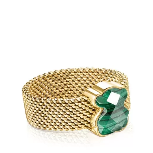 Cheap Gold-colored IP Steel Mesh Color Ring with Malachite Bear motif Silver Rings | Small Rings