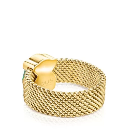 Cheap Gold-colored IP Steel Mesh Color Ring with Malachite Bear motif Silver Rings | Small Rings