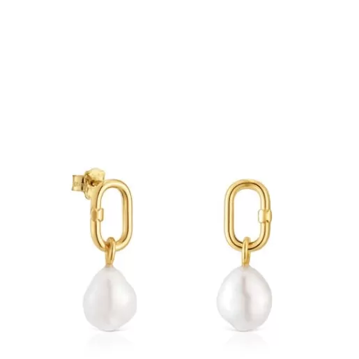 Shop Hold Oval short gold Earrings with cultured pearls Gold Earrings | Small Earrings