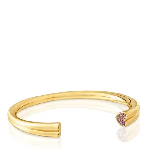 New 18kt gold plating over silver Bangle with heart motif with rhodolites 1950 Silver Bracelets | Bangle Bracelets