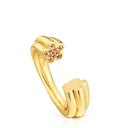 New 18kt gold plating over silver open Ring with flower motif with rhodolites 1950 Silver Rings | Open Rings