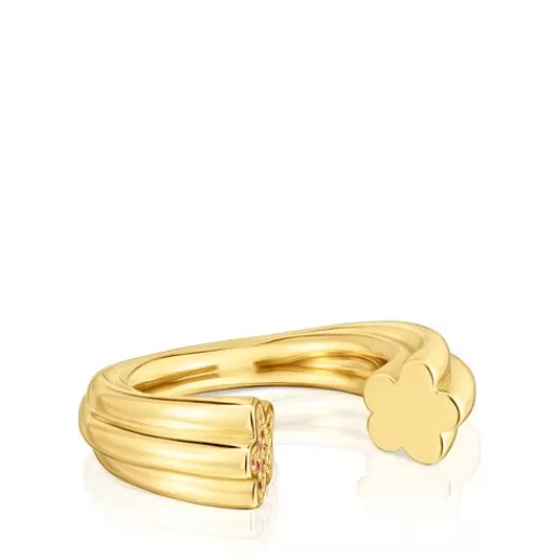 New 18kt gold plating over silver open Ring with flower motif with rhodolites 1950 Silver Rings | Open Rings