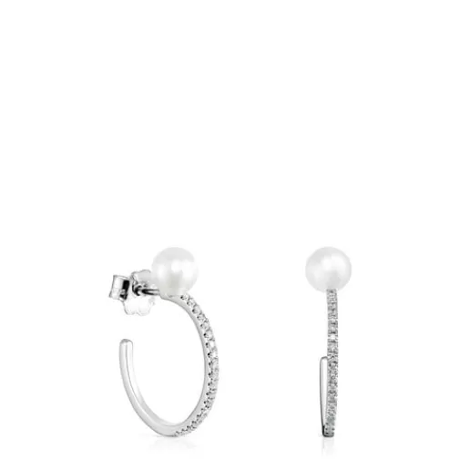 Fashion Large Les Classiques Earrings in White Gold with Diamond and Pearl Hoop Earrings | Pearl Earrings