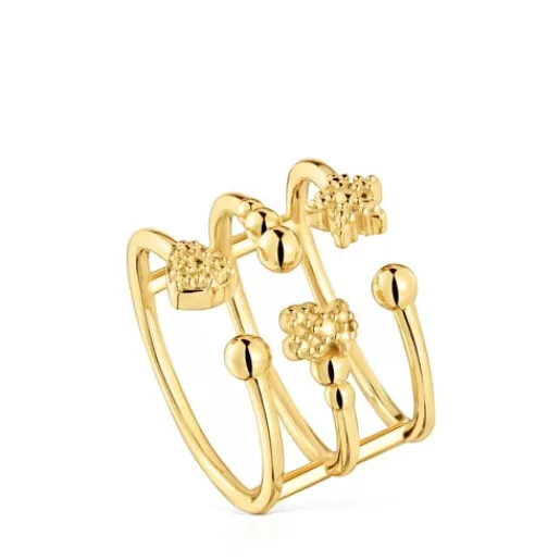Flash Sale Large open Ring with 18kt gold plating over silver and bear motifs Grain Silver Rings