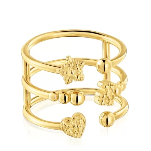 Flash Sale Large open Ring with 18kt gold plating over silver and bear motifs Grain Silver Rings