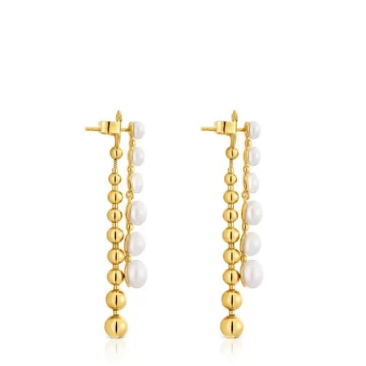 Flash Sale Long double Earrings with 18kt gold plating over silver and cultured pearls Gloss Silver Earrings | Large Earrings