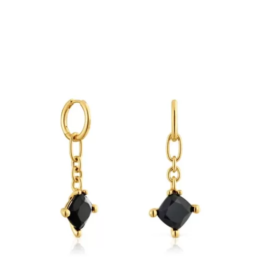 Fashion Long 18kt gold plating over silver Hoop earrings and onyx Color Black Large Earrings