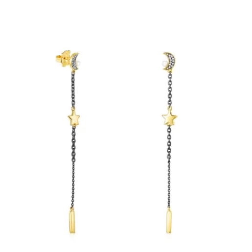 Discount Long Nocturne Earrings in Silver Vermeil and Dark Silver with Diamonds and Pearl Silver Earrings | Large Earrings