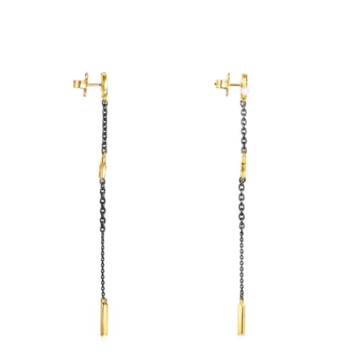 Discount Long Nocturne Earrings in Silver Vermeil and Dark Silver with Diamonds and Pearl Silver Earrings | Large Earrings