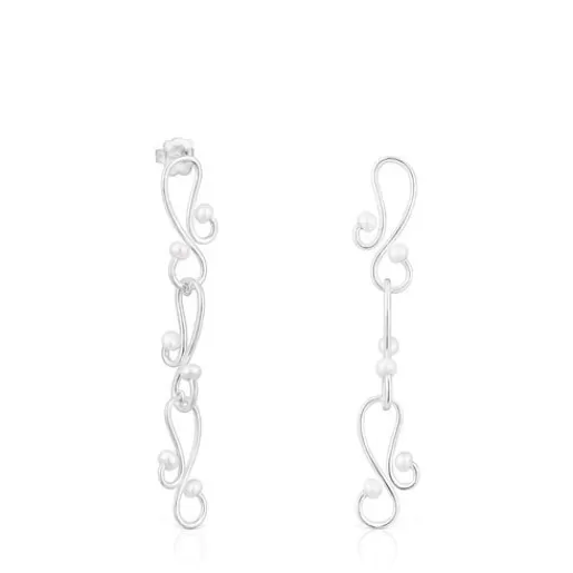 Fashion Long Tsuri Earrings with silver motifs and cultured pearls Silver Earrings | Large Earrings