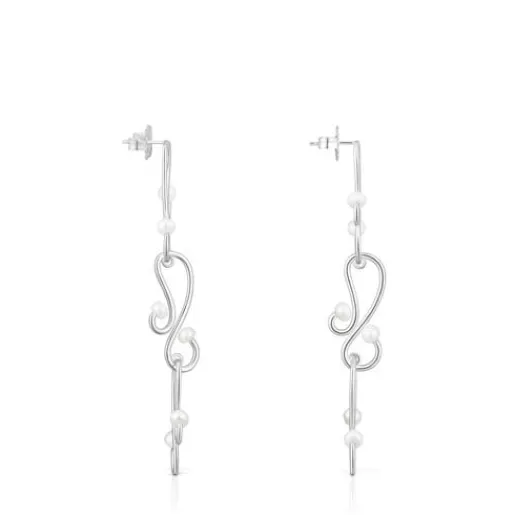 Fashion Long Tsuri Earrings with silver motifs and cultured pearls Silver Earrings | Large Earrings