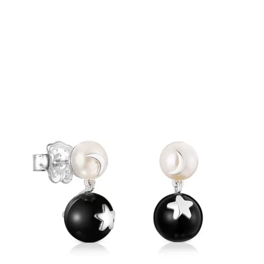 Discount Magic Nature moon-star Earrings with pearl and onyx Silver Earrings