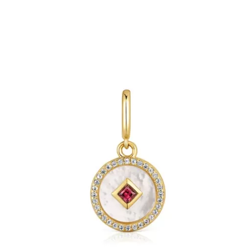 Fashion Medallion Pendant with 18kt gold plating over silver, nacre and gemstones Medallions Silver Pendants