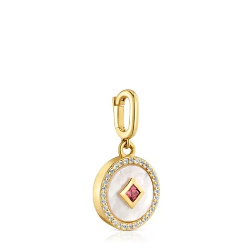 Fashion Medallion Pendant with 18kt gold plating over silver, nacre and gemstones Medallions Silver Pendants