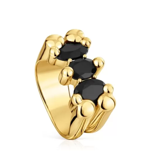 New Medium 18kt gold plating over silver and onyx bear motif Ring Color Bear Medium Rings