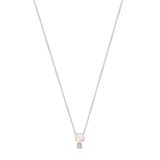 Fashion Mini Color Necklace in Silver with Pink Quartz and Amazonite Silver Necklaces | Short Necklaces