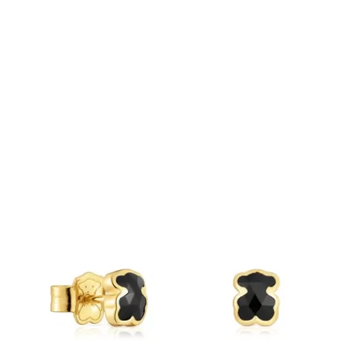 Hot 6 mm 18kt gold plating over silver bear Earrings with onyx Icon Color Silver Earrings