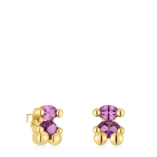 Store 13 mm 18kt gold plating over silver bear motif Earrings with laboratory-grown lilac-colored sapphire Color Bear LGG Small Earrings