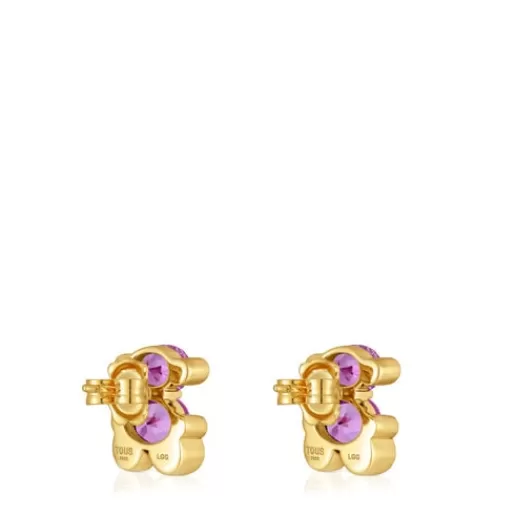 Store 13 mm 18kt gold plating over silver bear motif Earrings with laboratory-grown lilac-colored sapphire Color Bear LGG Small Earrings