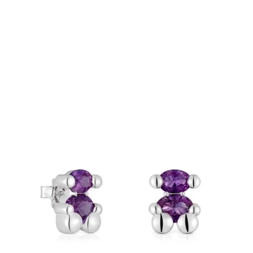 Best 13 mm bear motif Earrings with laboratory-grown lilac sapphire Color Bear LGG Small Earrings