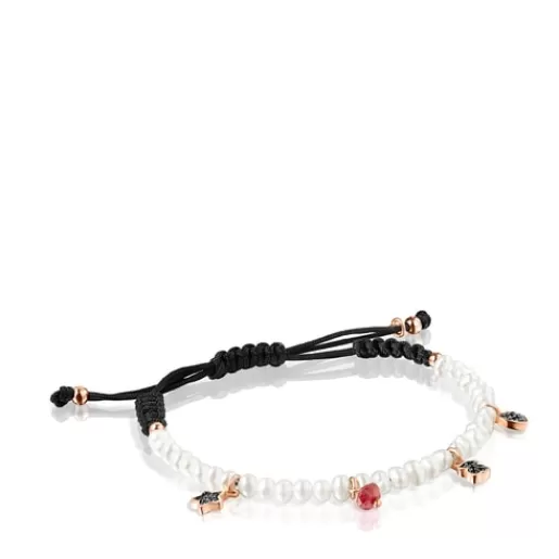 Best Sale Motif Bracelet with Pearls and black Cord in Rose Silver Vermeil and Gemstones Silver Bracelets | Pearl Bracelets