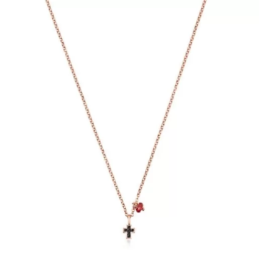 Store Motif cross Necklace in Rose Silver Vermeil with Spinels and Ruby Silver Necklaces | Short Necklaces